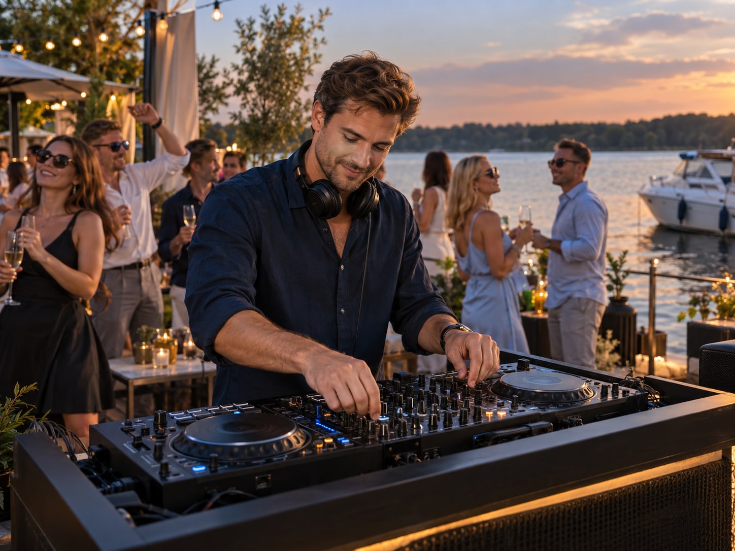 DJ и гости на вечернем корпоративе у воды